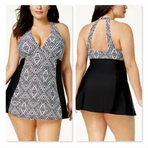 Island Escape Black Diamond Bay Printed H-Back Swimdress Swim Dress 20W NWOT